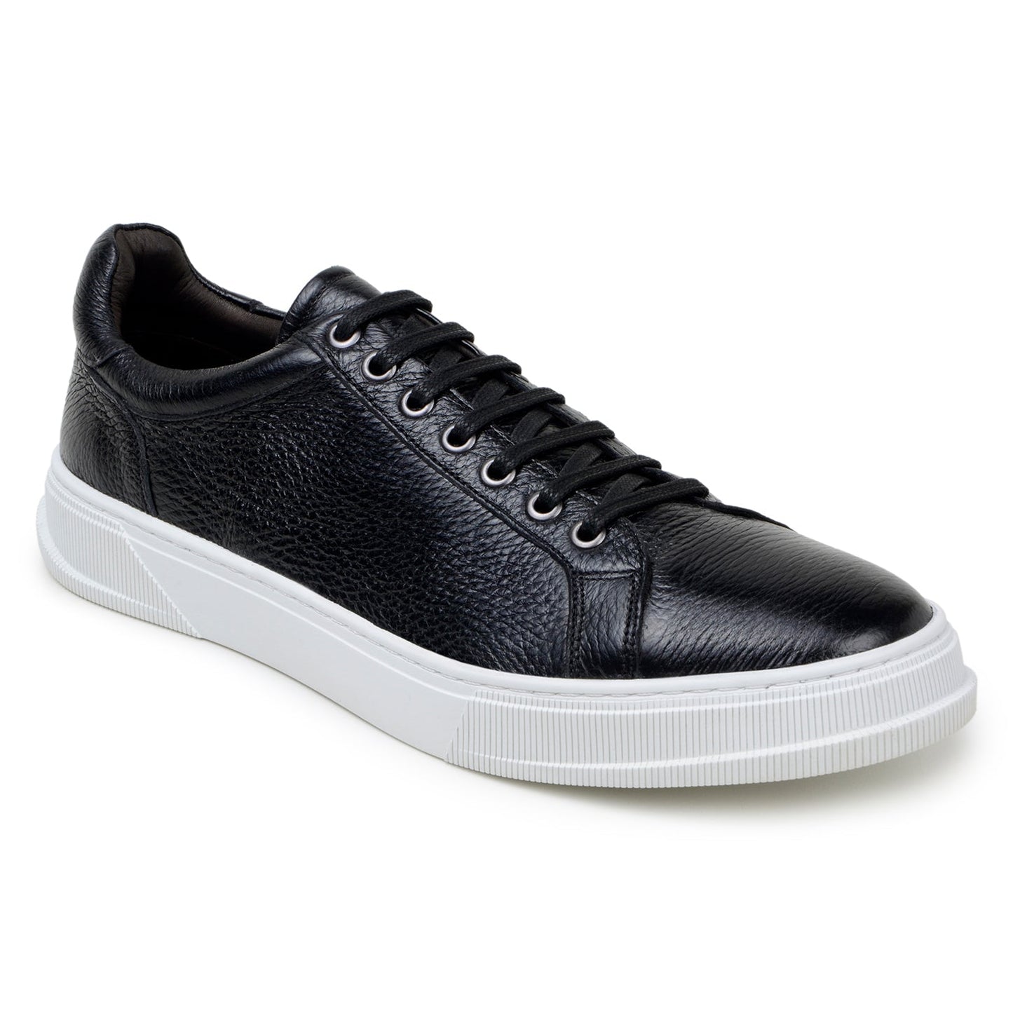 The BELVEDERE Matteo is a black genuine deerskin leather low-top sneaker with black laces, a white rubber sole, and cushioned insole, pictured in side profile against a plain white background.