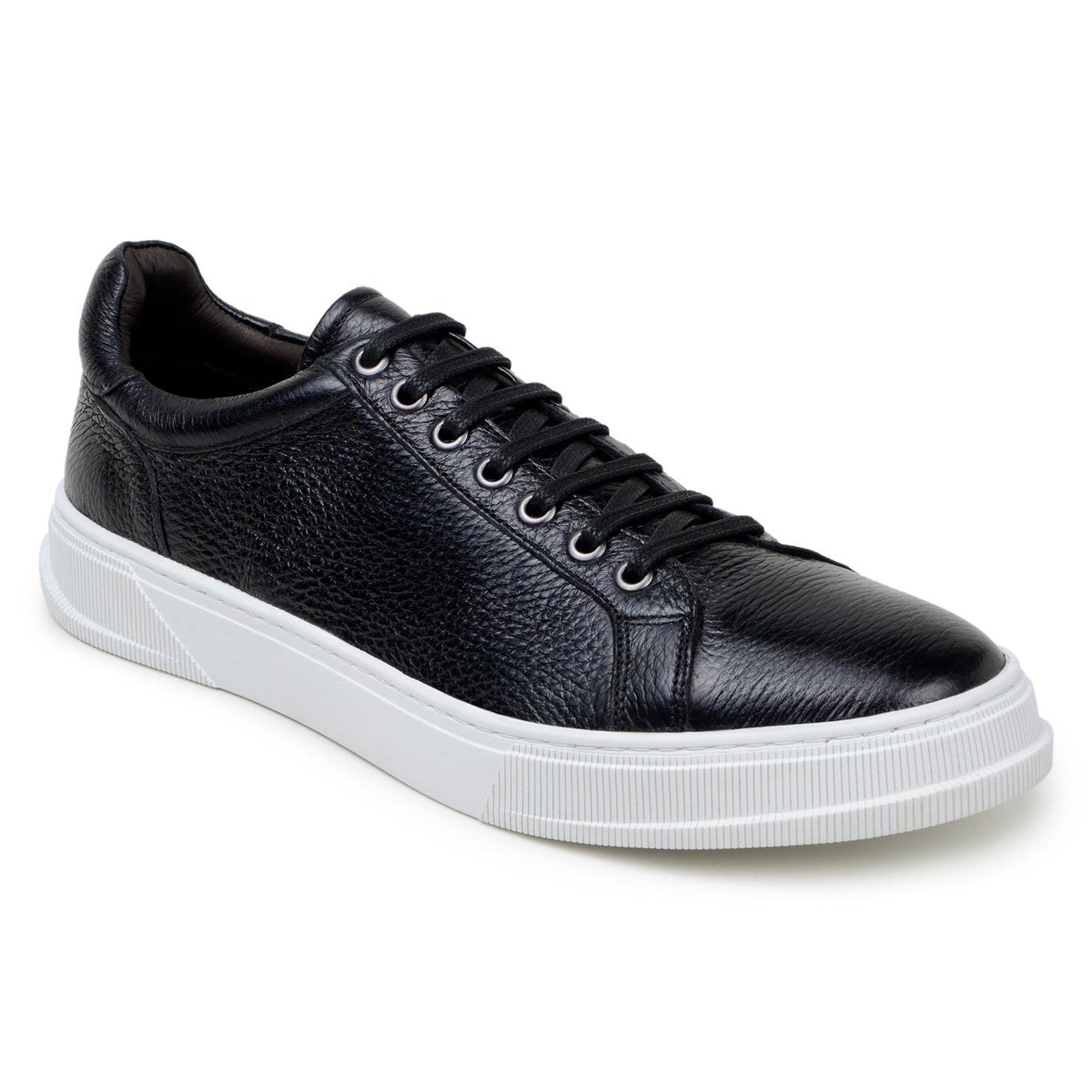 The BELVEDERE Matteo is a black genuine deerskin leather low-top sneaker with black laces, a white rubber sole, and cushioned insole, pictured in side profile against a plain white background.