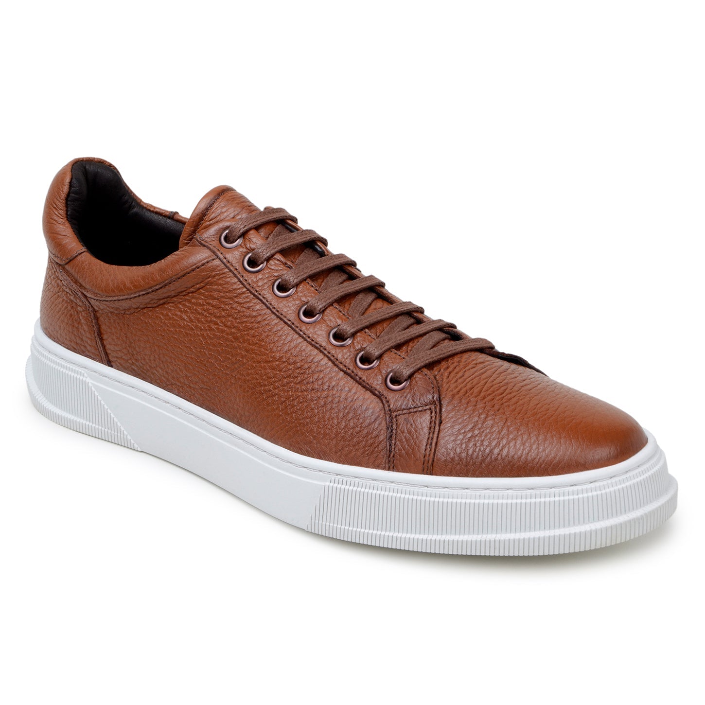 The BELVEDERE Matteo sneaker in Ant. Tan features genuine deerskin leather with a textured finish, cushioned insole, white rubber sole, and brown laces, shown from the side on a plain background.