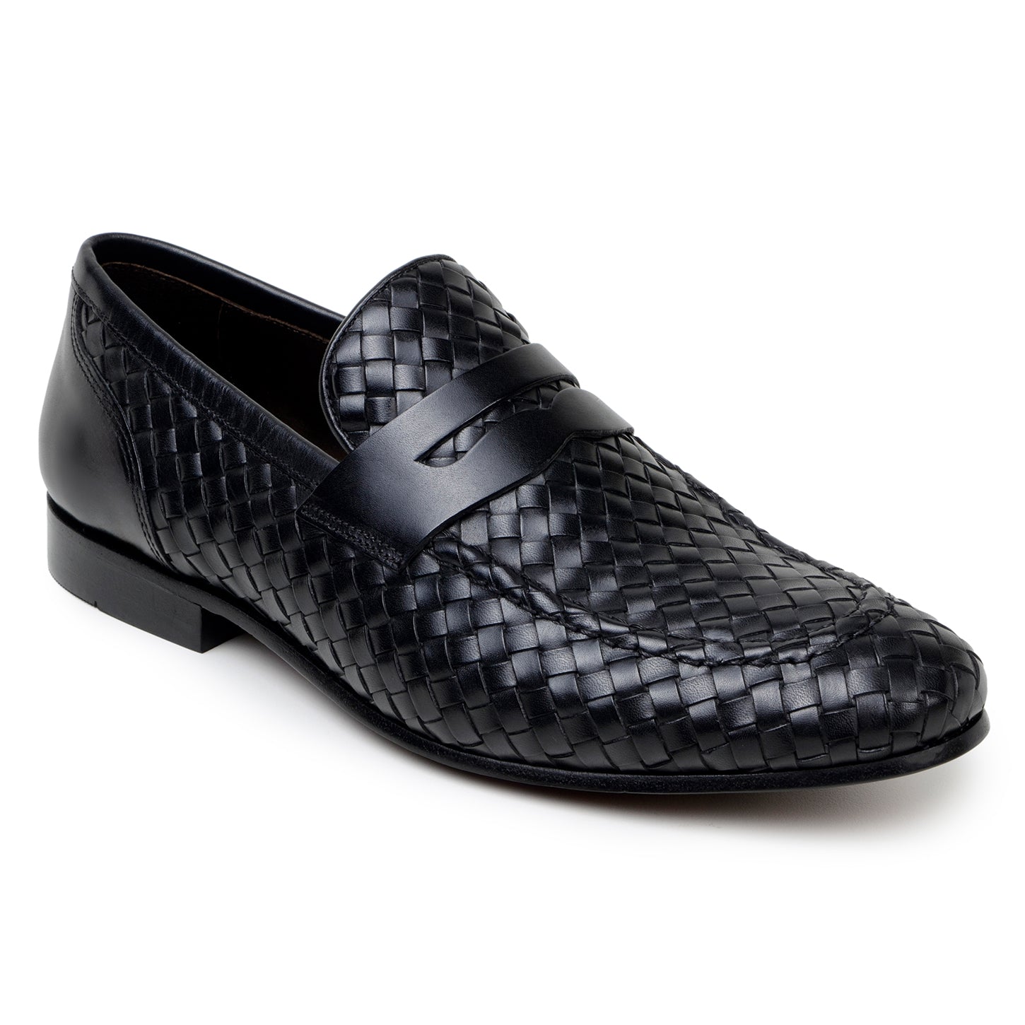 The BELVEDERE Belvedere - Luca Woven Calf Penny Loafer in black, crafted from Italian calf leather with a low heel and round toe, is photographed from the side on a white background.