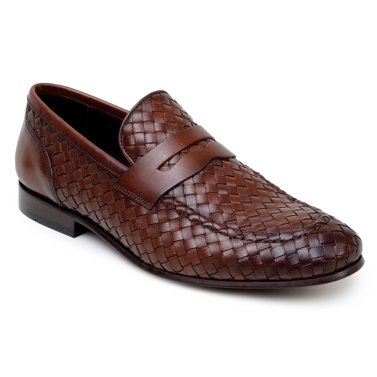 The BELVEDERE Belvedere - Luca Woven Calf Penny Loafer in Antique Tan features Italian woven calf leather, a low heel, and rounded toe, displayed in side profile against a white background.