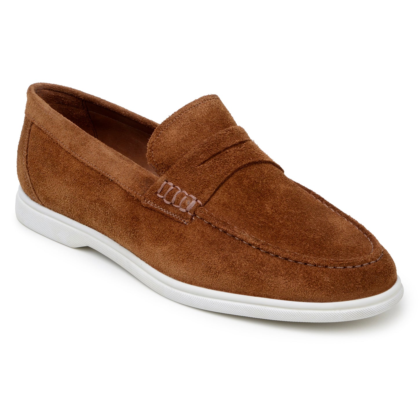 The BELVEDERE Belvedere - Niko Italian Suede Penny Loafer in Bourbon features brown suede, a white rubber sole, stitched side detail, and a low heel. This lightweight dress shoe is displayed on a plain white background.