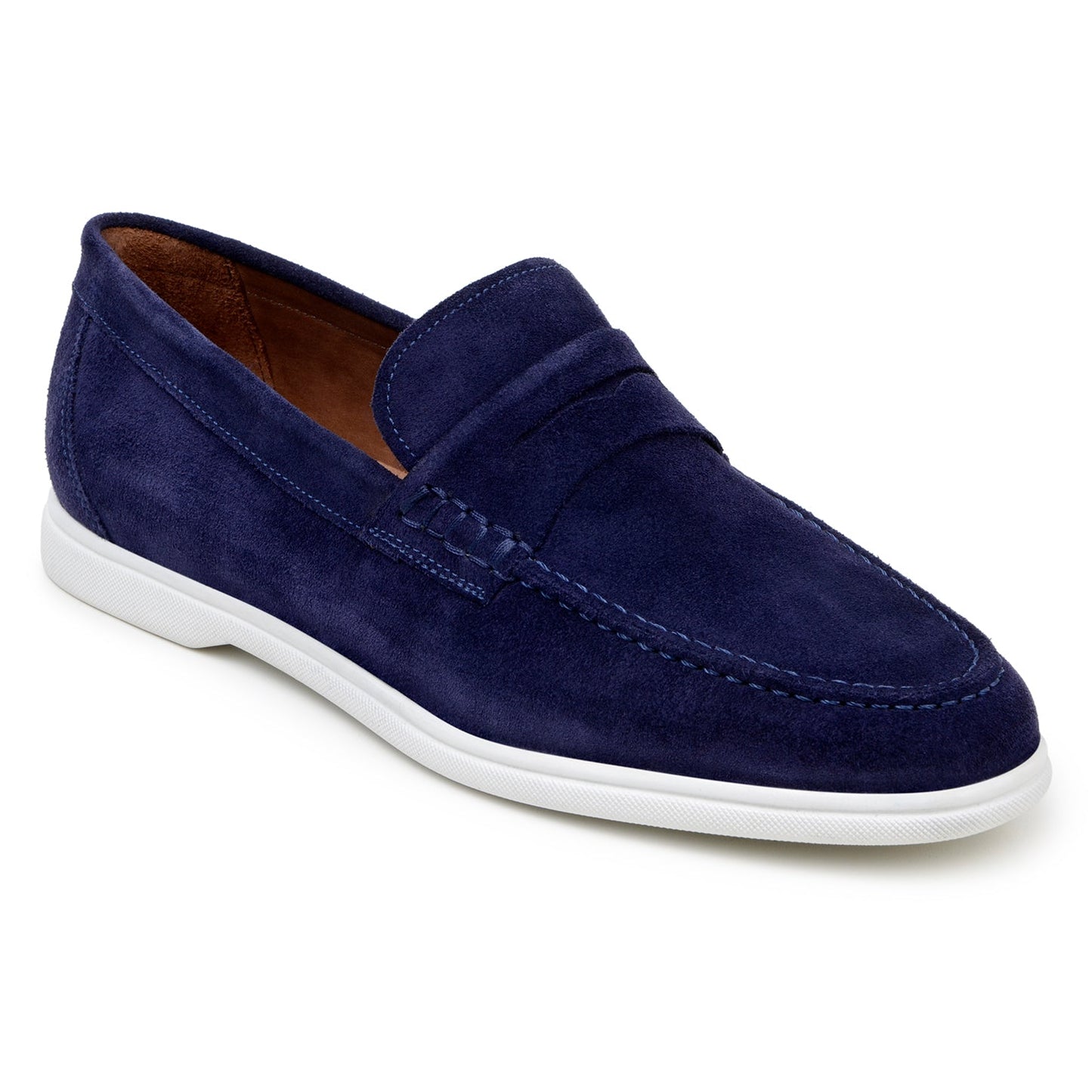 The BELVEDERE Niko is a men's penny loafer in navy Italian suede with hand-stitching and a white rubber sole, shown in side profile against a white background.