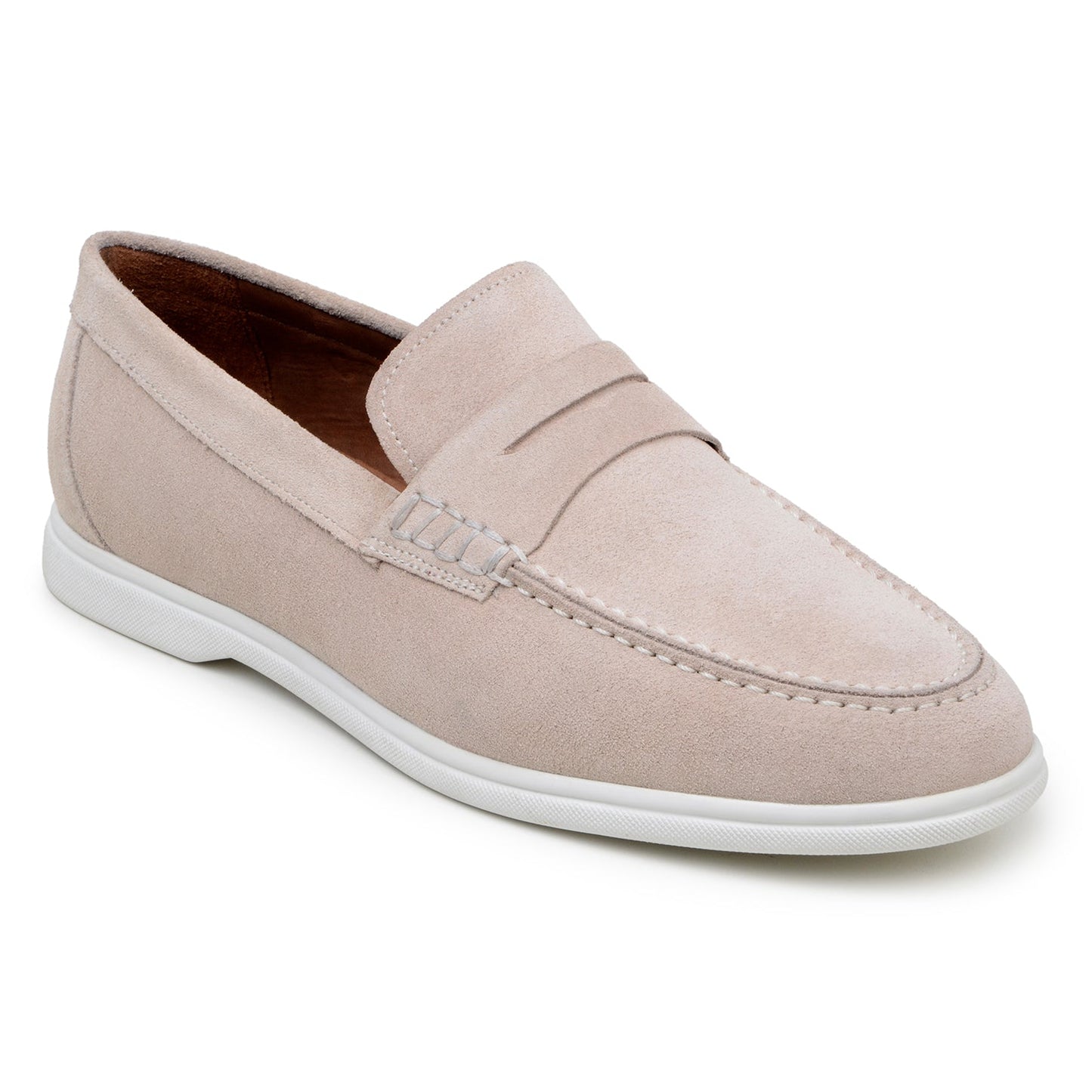The BELVEDERE Belvedere - Niko Italian suede penny loafer in sand features a white rubber sole, moccasin-style stitching, and low heel—ideal lightweight slip-ons for men's loafer collections. Shown side profile on white background.