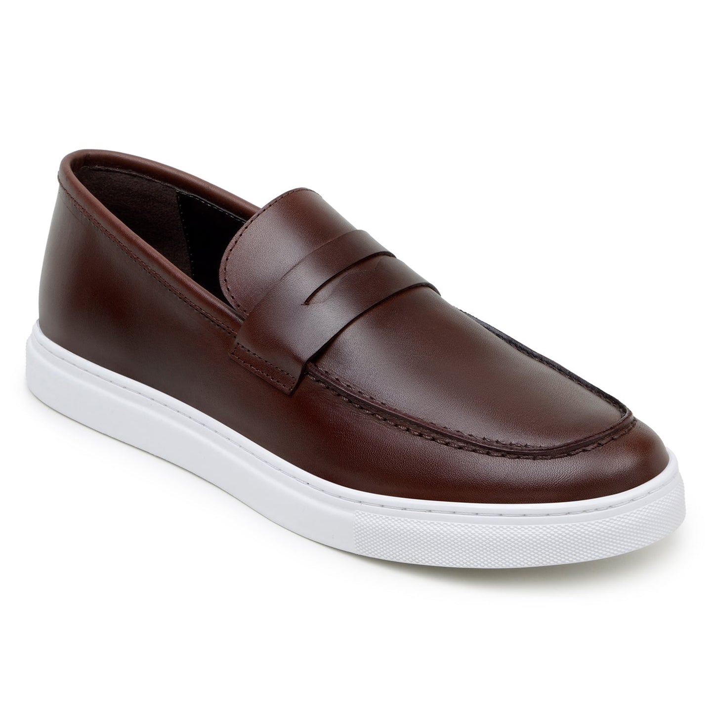 The BELVEDERE Belvedere - Elliot Hybrid Penny Loafer in brown nappa leather features a white rubber sole, displayed in a left side profile view against a plain background.