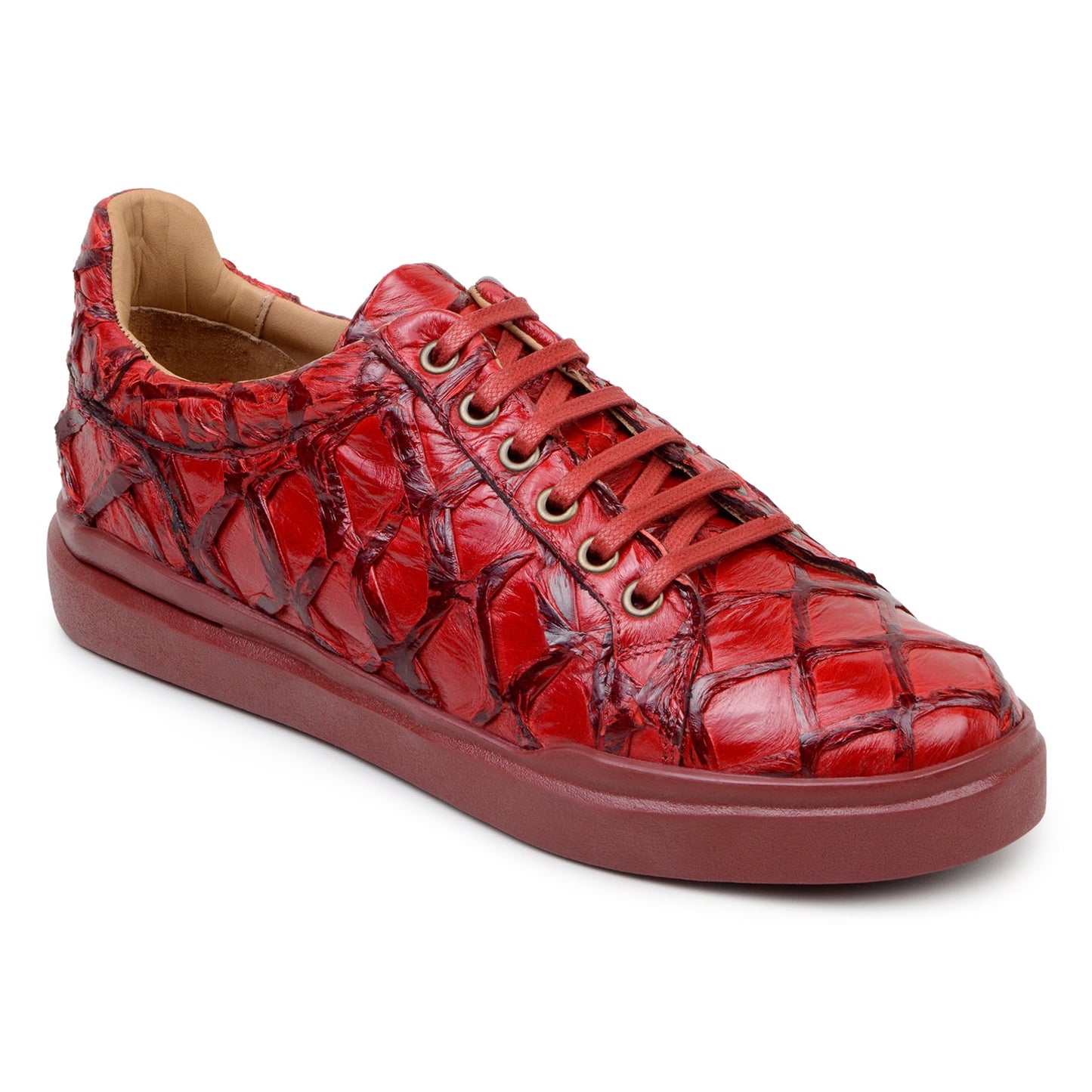 BELVEDERE’s Kingstone Genuine Pirarucu Shoe in red (BR02) features a glossy, textured crocodile-like finish, flat sole, gold eyelets, and lace-up design—shown here in a striking side profile view.