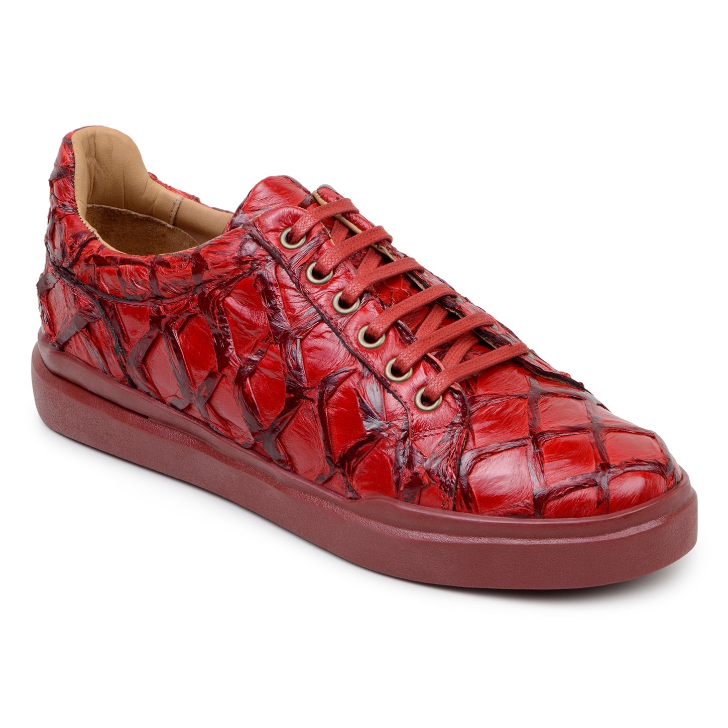 BELVEDERE’s Kingstone Genuine Pirarucu Shoe in red (BR02) features a glossy, textured crocodile-like finish, flat sole, gold eyelets, and lace-up design—shown here in a striking side profile view.