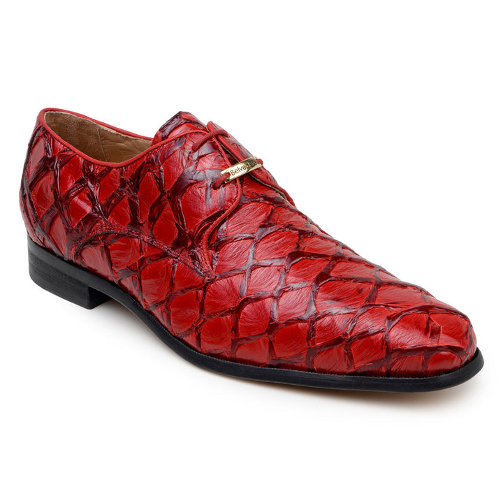 Belvedere Renzo Genuine Red Pirarucu Shoes BR01 feature textured exotic fish leather, lace-up derby style, woven pattern, black soles, and metallic details near the laces. FINAL SALE in store.