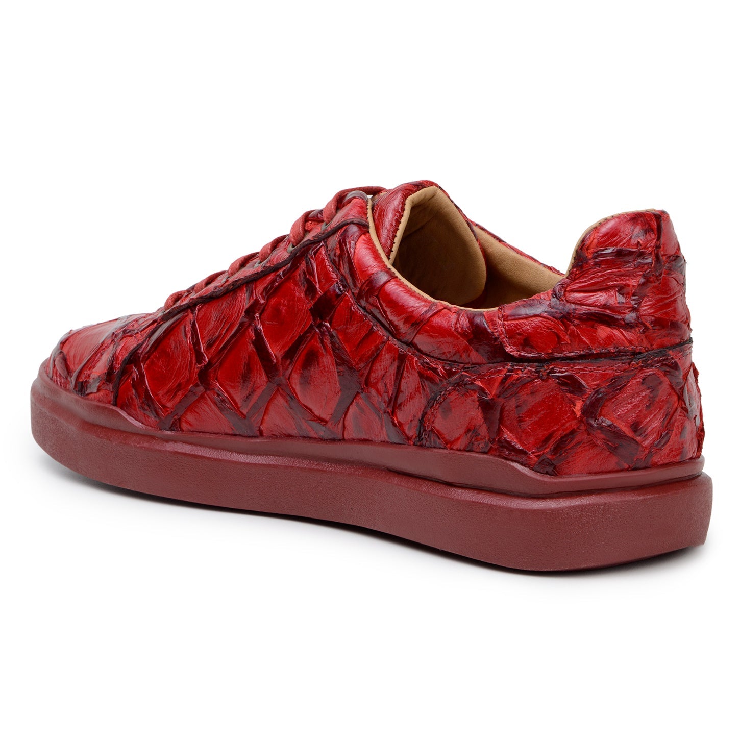 BELVEDERE’s Kingstone Genuine Pirarucu Shoe in red (BR02) features a glossy, textured crocodile-like finish, flat sole, gold eyelets, and lace-up design—shown here in a striking side profile view.