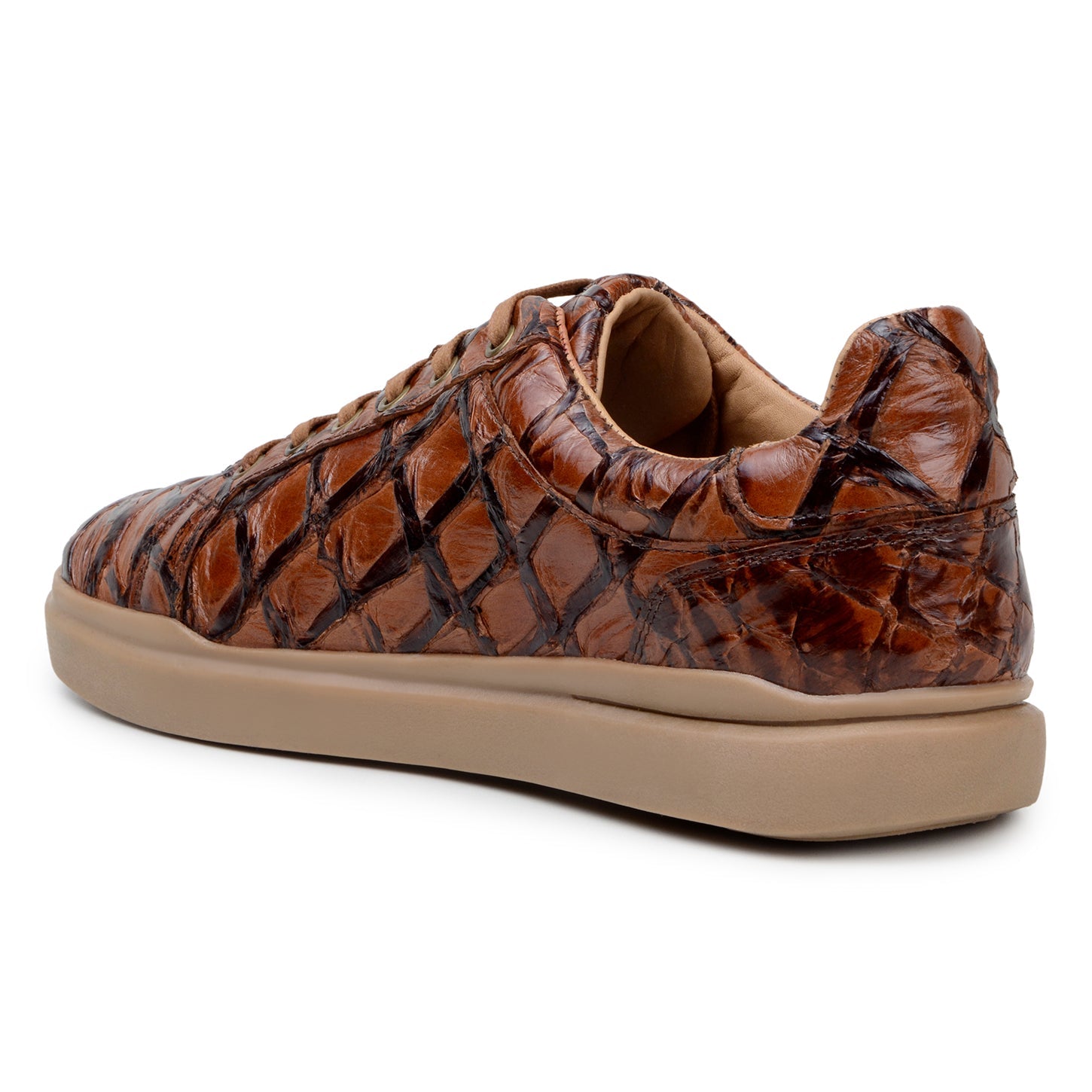 BELVEDERE’s Kingstone Genuine Pirarucu Shoe in Ant. Almond features a textured, scale-inspired upper and light brown rubber sole, shown in side profile view.