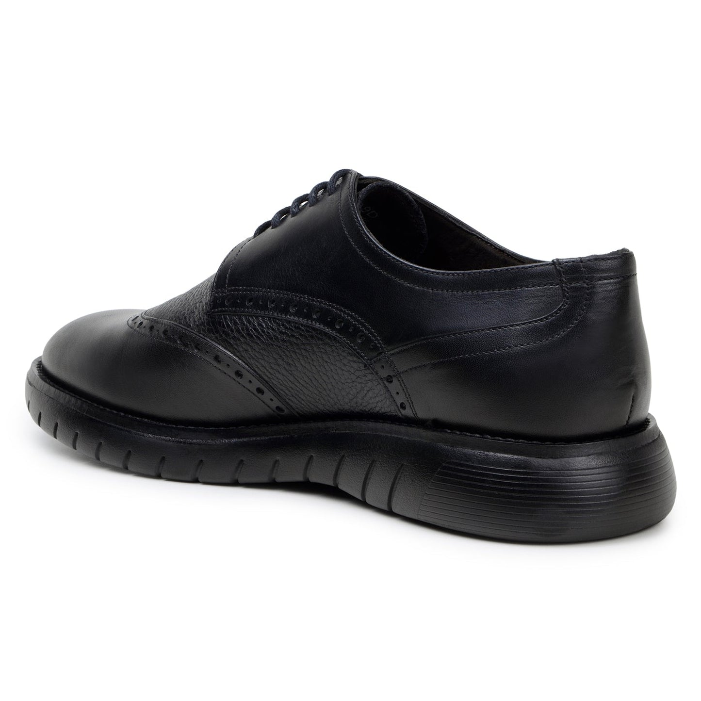 The BELVEDERE Belvedere - Enzo is a black genuine leather shoe with brogue detailing, lace-up closure, a thick textured rubber sole, and a cushioned insole for comfort, displayed in profile against a white background.