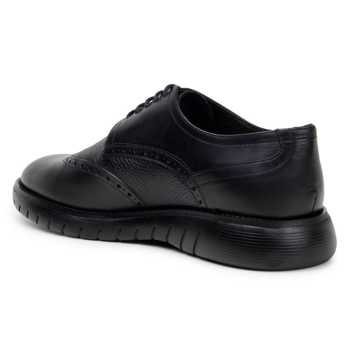The BELVEDERE Belvedere - Enzo is a black genuine leather shoe with brogue detailing, lace-up closure, a thick textured rubber sole, and a cushioned insole for comfort, displayed in profile against a white background.