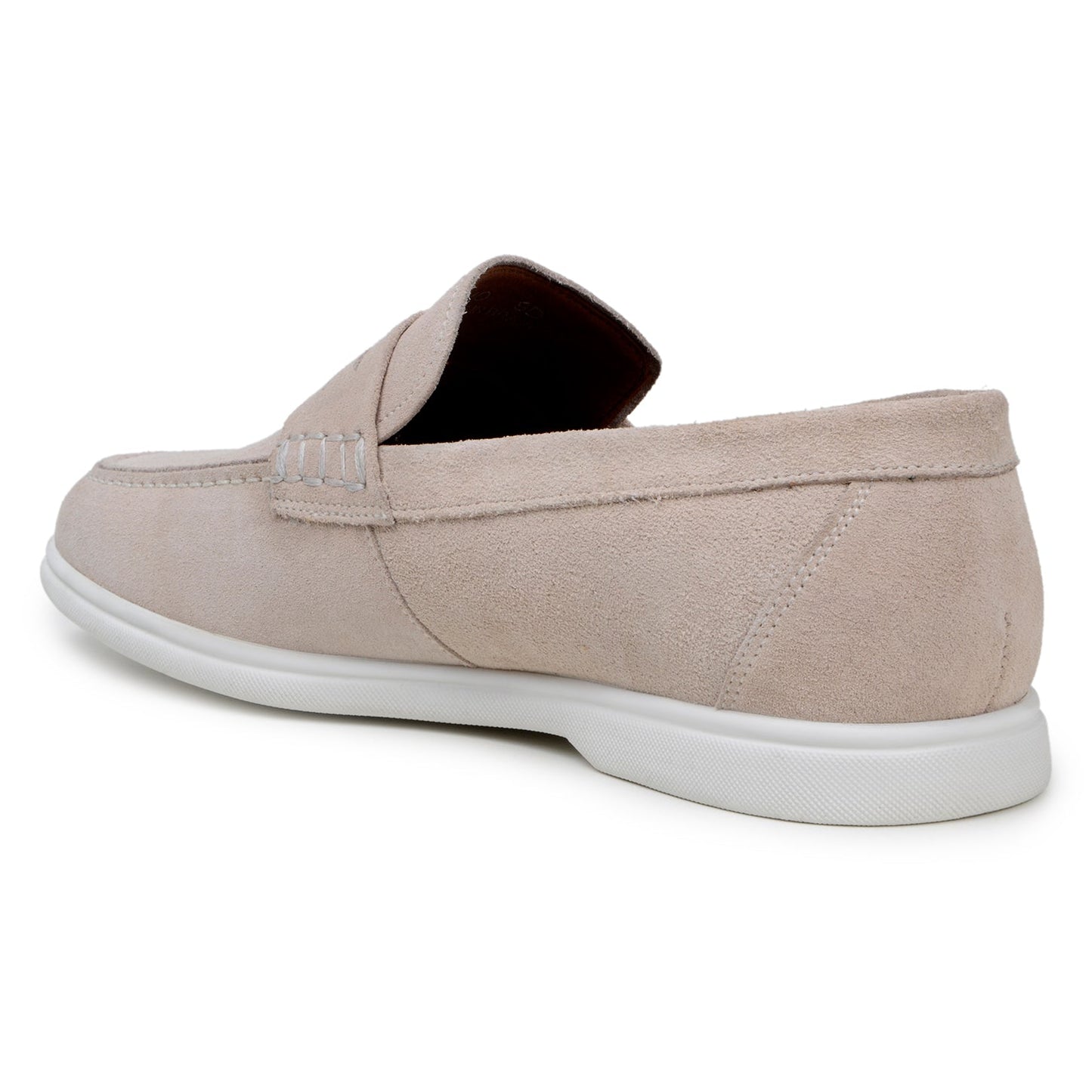 The BELVEDERE Belvedere - Niko Italian suede penny loafer in sand features a white rubber sole, moccasin-style stitching, and low heel—ideal lightweight slip-ons for men's loafer collections. Shown side profile on white background.