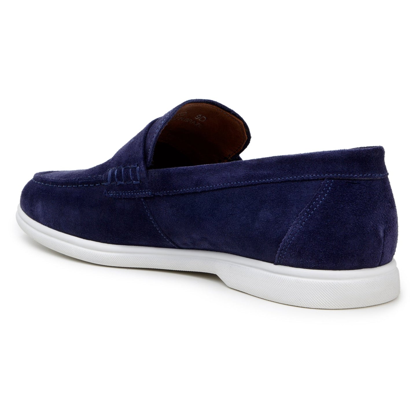 The BELVEDERE Niko is a men's penny loafer in navy Italian suede with hand-stitching and a white rubber sole, shown in side profile against a white background.