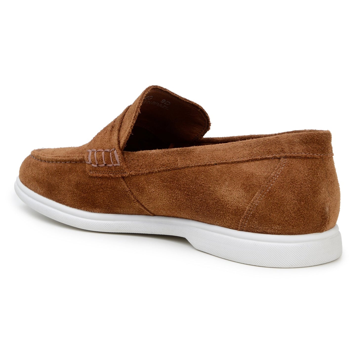 The BELVEDERE Belvedere - Niko Italian Suede Penny Loafer in Bourbon features brown suede, a white rubber sole, stitched side detail, and a low heel. This lightweight dress shoe is displayed on a plain white background.