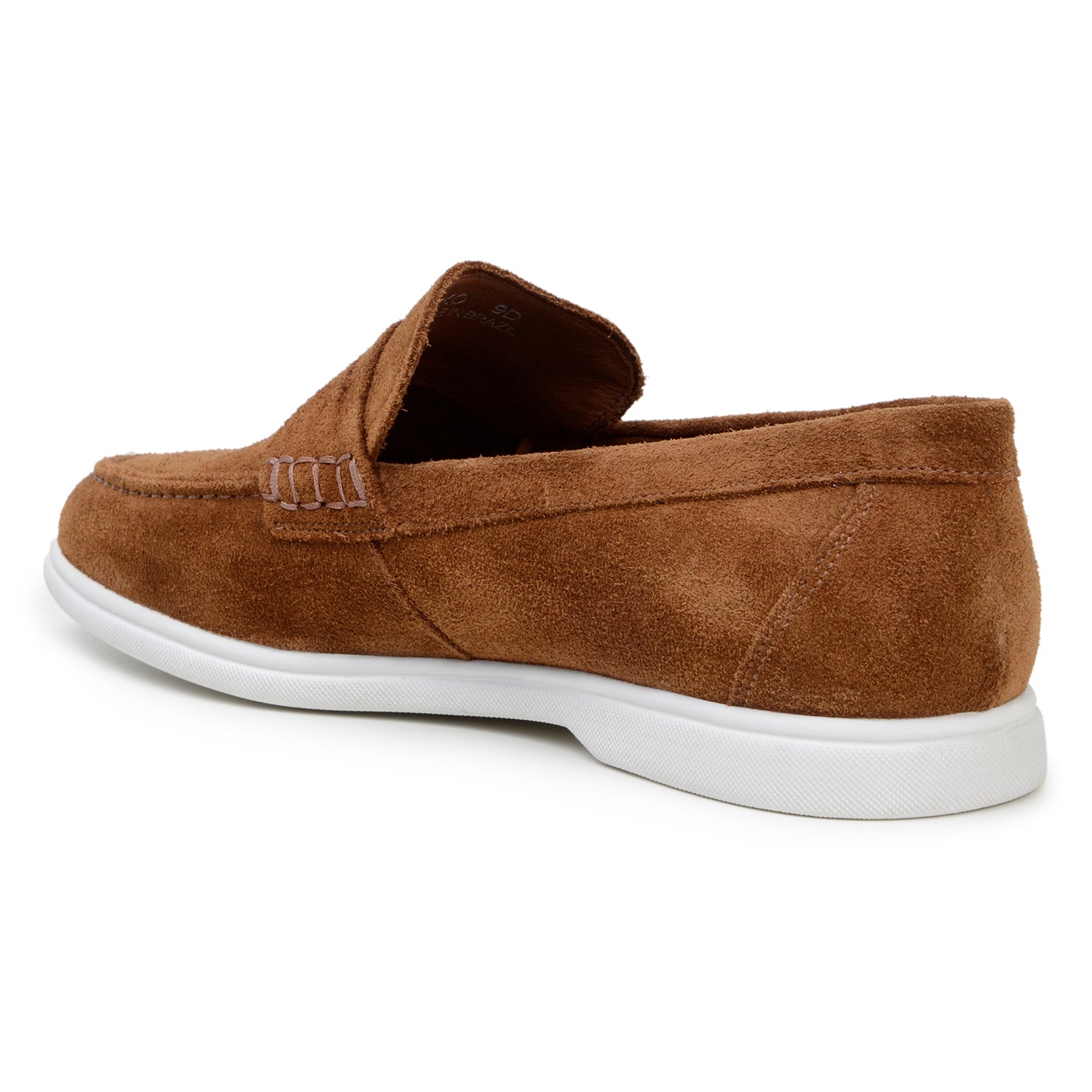 The BELVEDERE Belvedere - Niko Italian Suede Penny Loafer in Bourbon features brown suede, a white rubber sole, stitched side detail, and a low heel. This lightweight dress shoe is displayed on a plain white background.