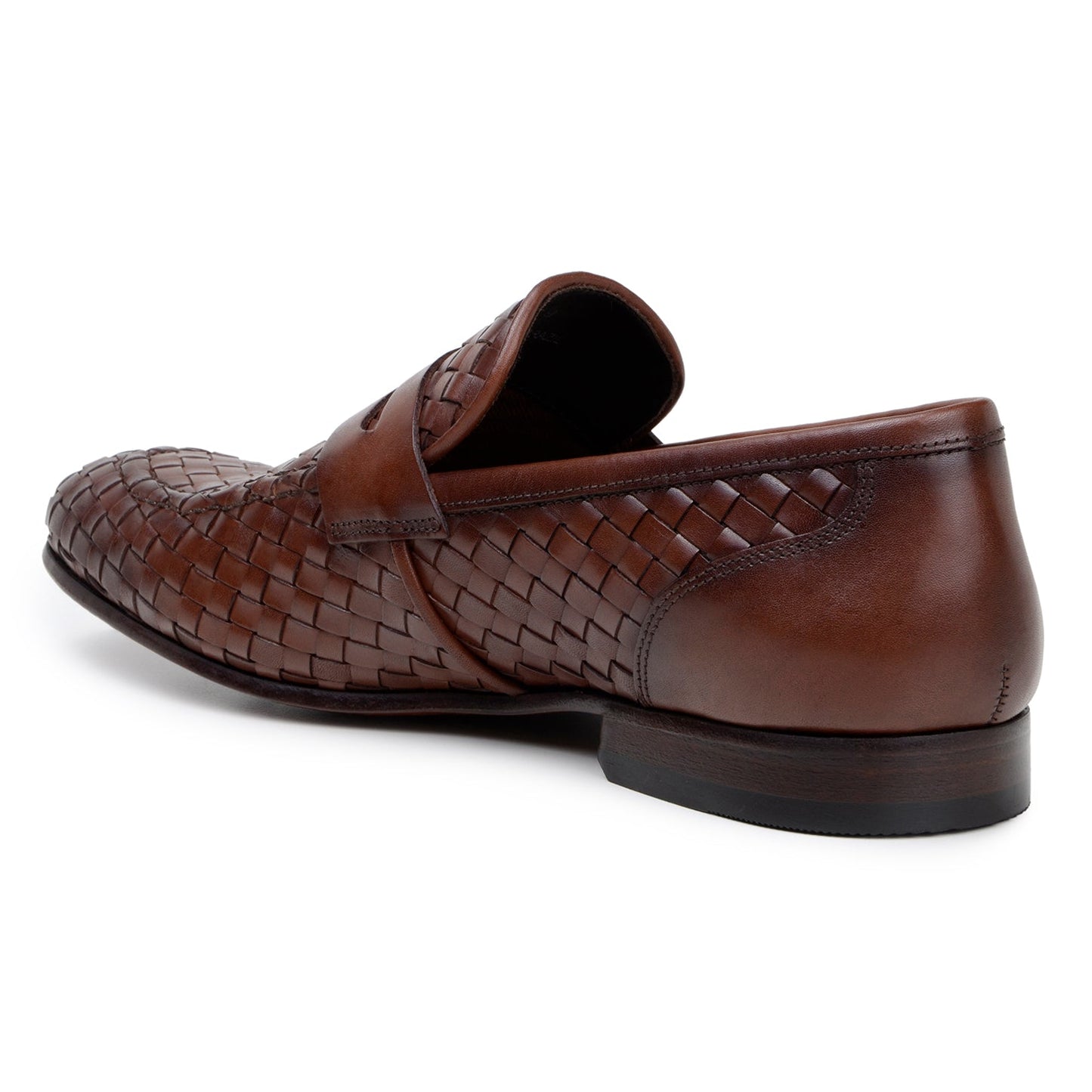 The BELVEDERE Belvedere - Luca Woven Calf Penny Loafer in Antique Tan features Italian woven calf leather, a low heel, and rounded toe, displayed in side profile against a white background.