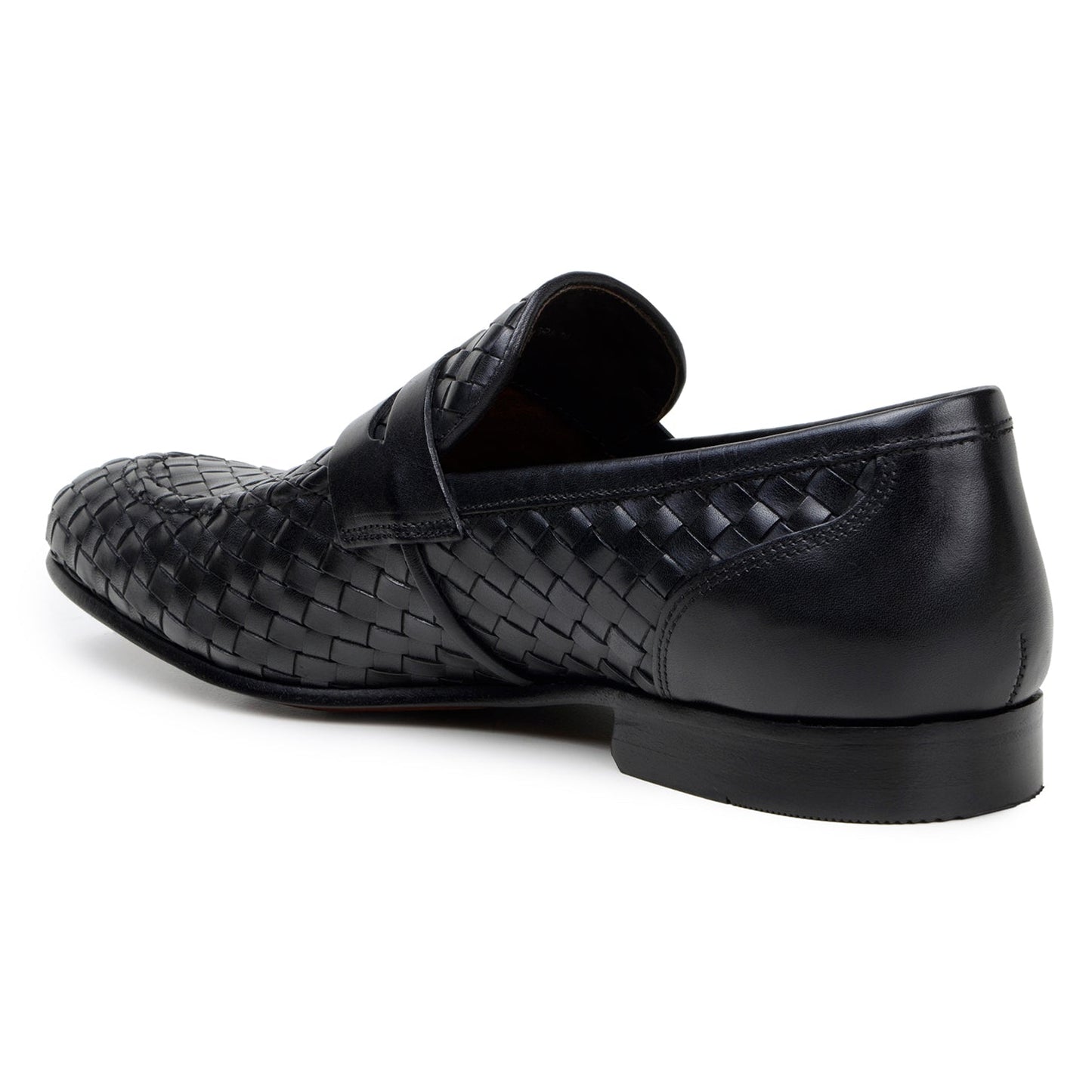 The BELVEDERE Belvedere - Luca Woven Calf Penny Loafer in black, crafted from Italian calf leather with a low heel and round toe, is photographed from the side on a white background.