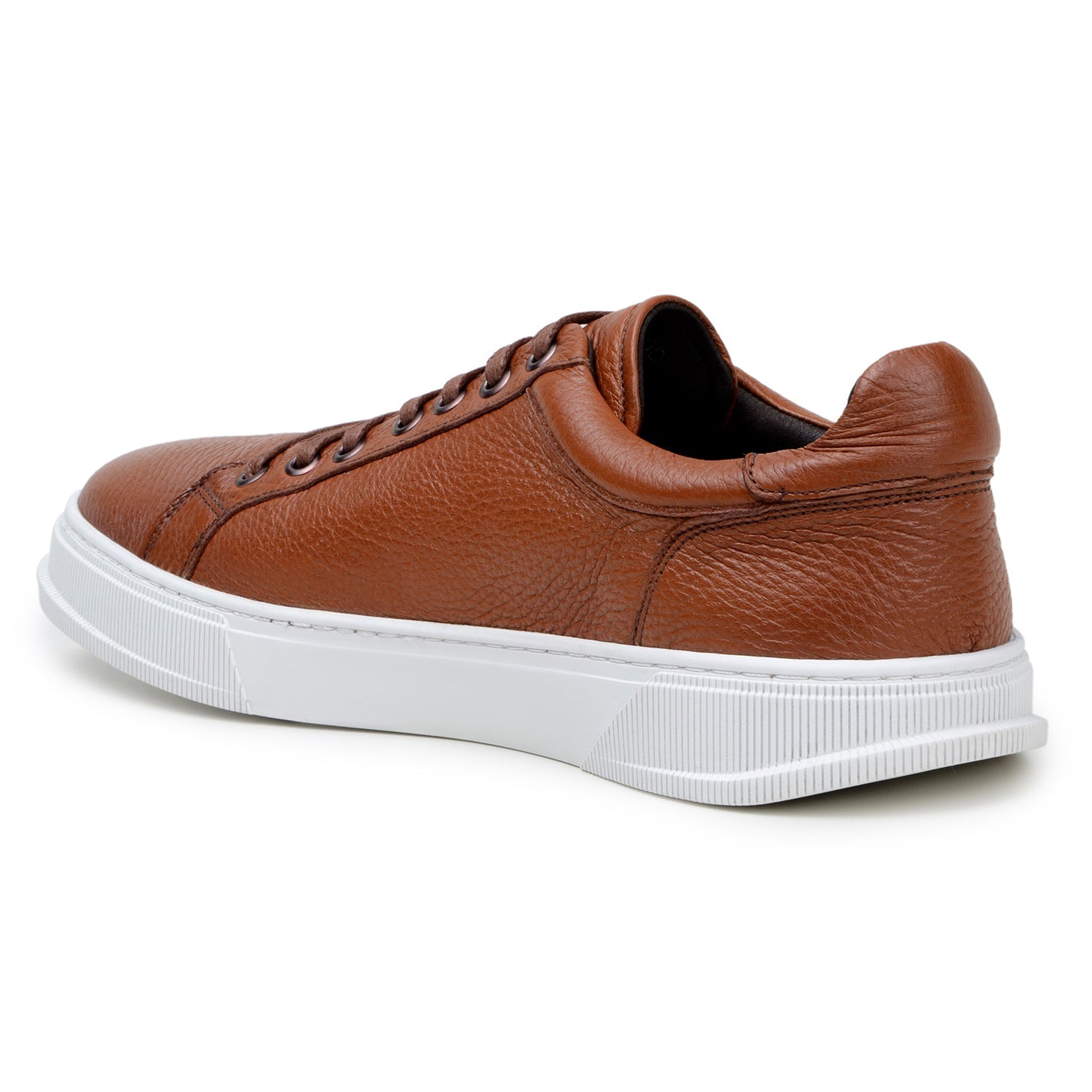 The BELVEDERE Matteo sneaker in Ant. Tan features genuine deerskin leather with a textured finish, cushioned insole, white rubber sole, and brown laces, shown from the side on a plain background.