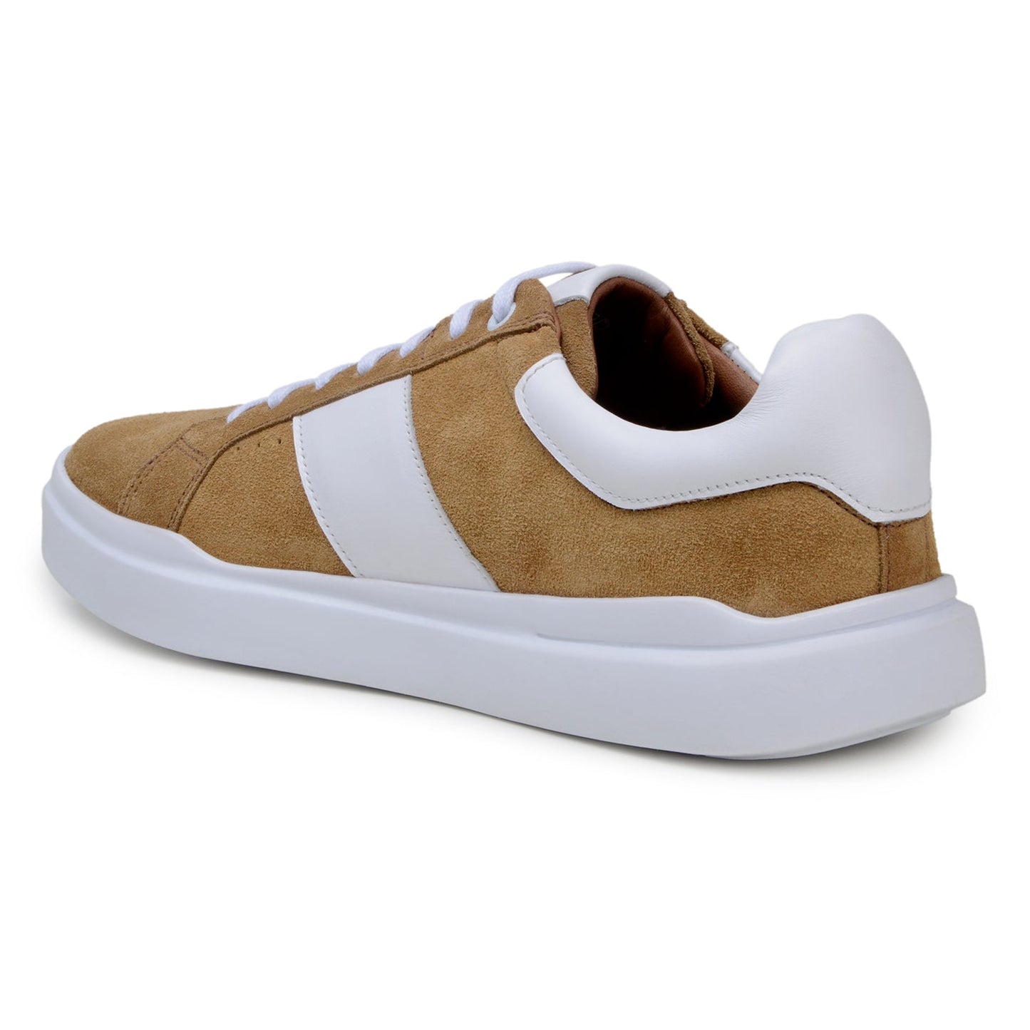 The BELVEDERE Olivier is a tan Italian suede and soft calf sneaker with a white leather stripe, white laces, thick white rubber sole, and cushioned insole, shown in side profile.