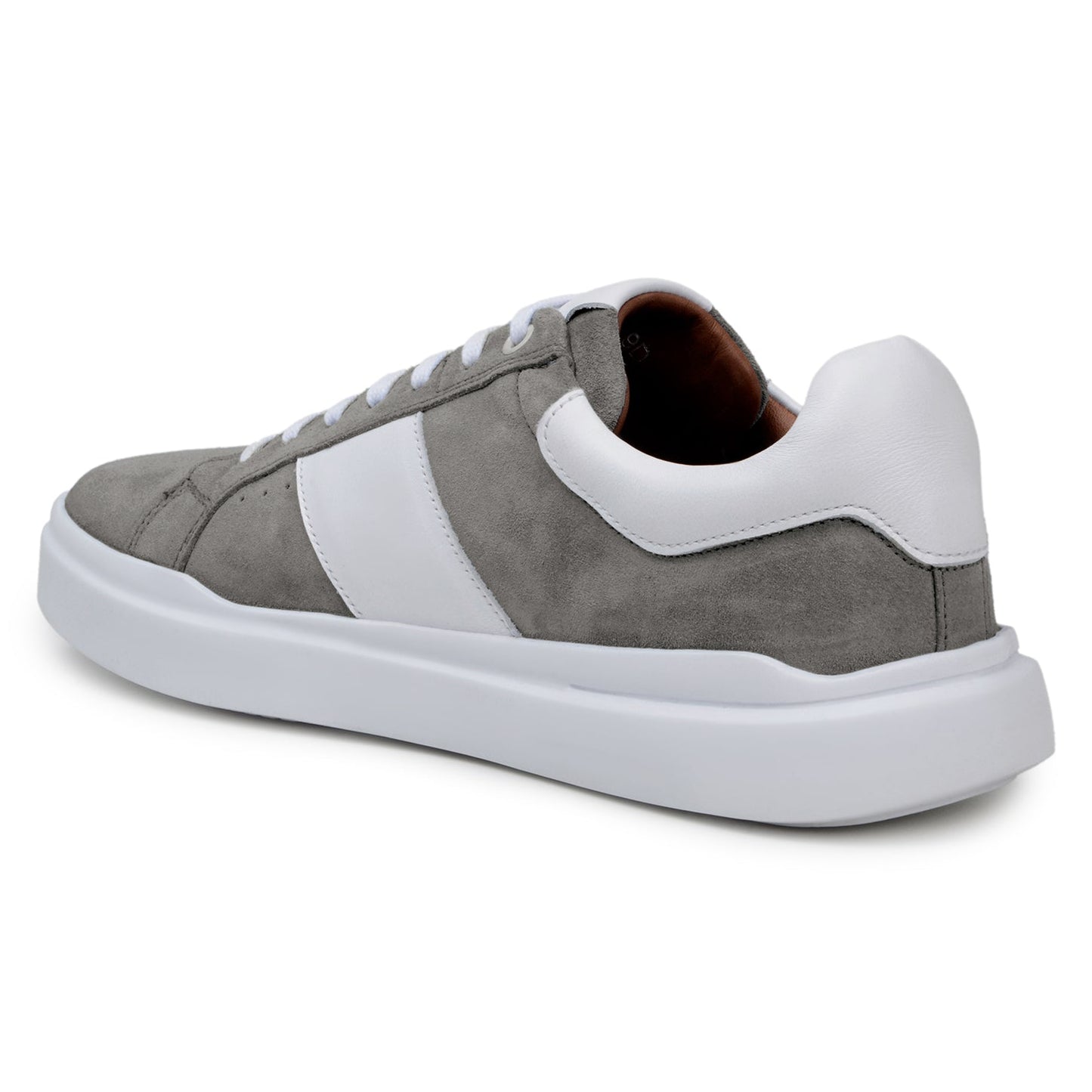 The BELVEDERE Belvedere - Olivier is a gray and white Italian suede/soft calf low-top shoe with a white sole, laces, and side stripe, shown in a side view on a plain background.