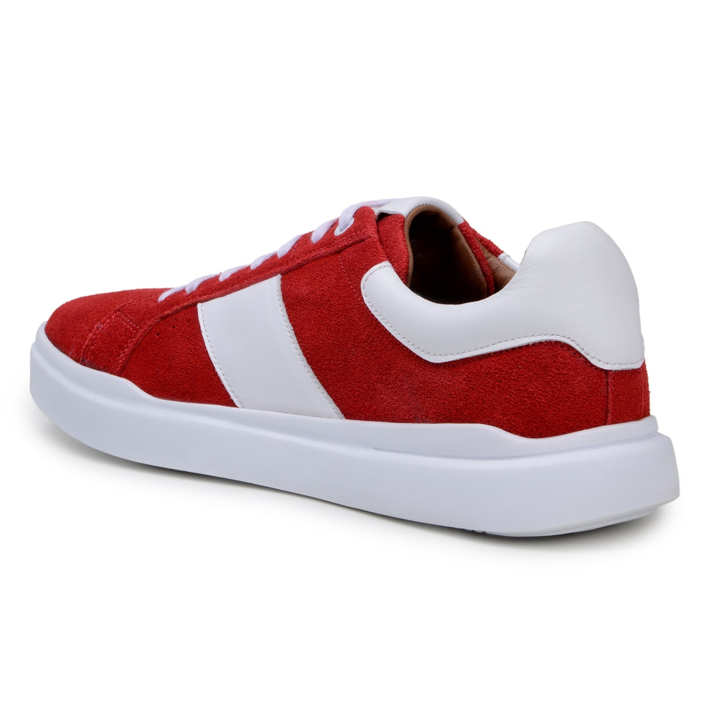 The BELVEDERE Belvedere - Olivier Italian Suede/Soft Calf Shoe in red and white features a cushioned insole, white laces, a white side stripe, and a thick white sole, shown from a side profile view.