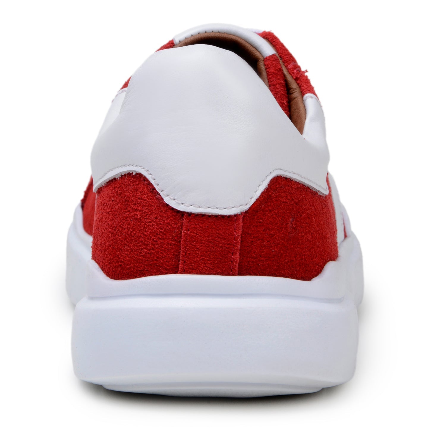 The BELVEDERE Belvedere - Olivier Italian Suede/Soft Calf Shoe in red and white features a cushioned insole, white laces, a white side stripe, and a thick white sole, shown from a side profile view.