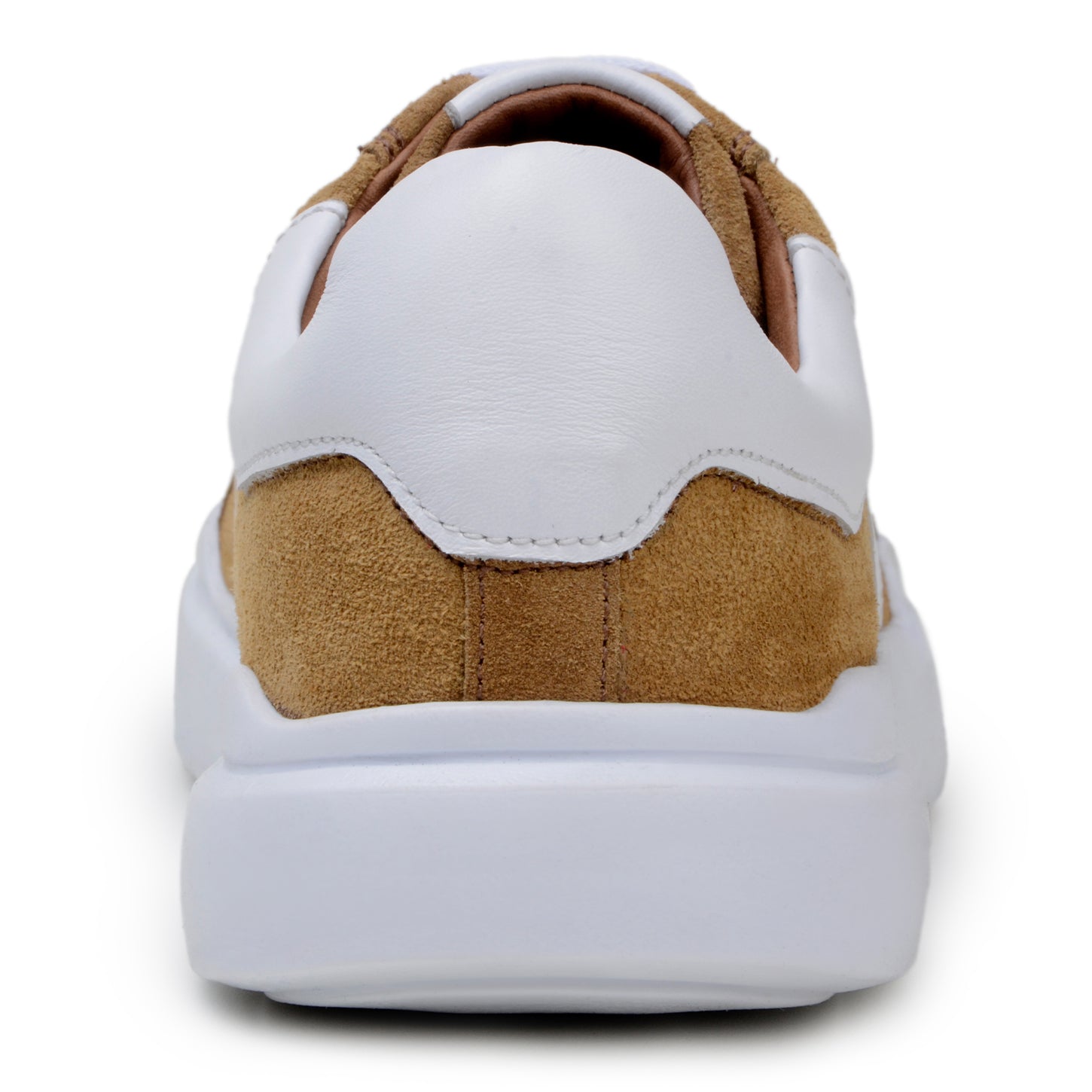 The BELVEDERE Olivier is a tan Italian suede and soft calf sneaker with a white leather stripe, white laces, thick white rubber sole, and cushioned insole, shown in side profile.