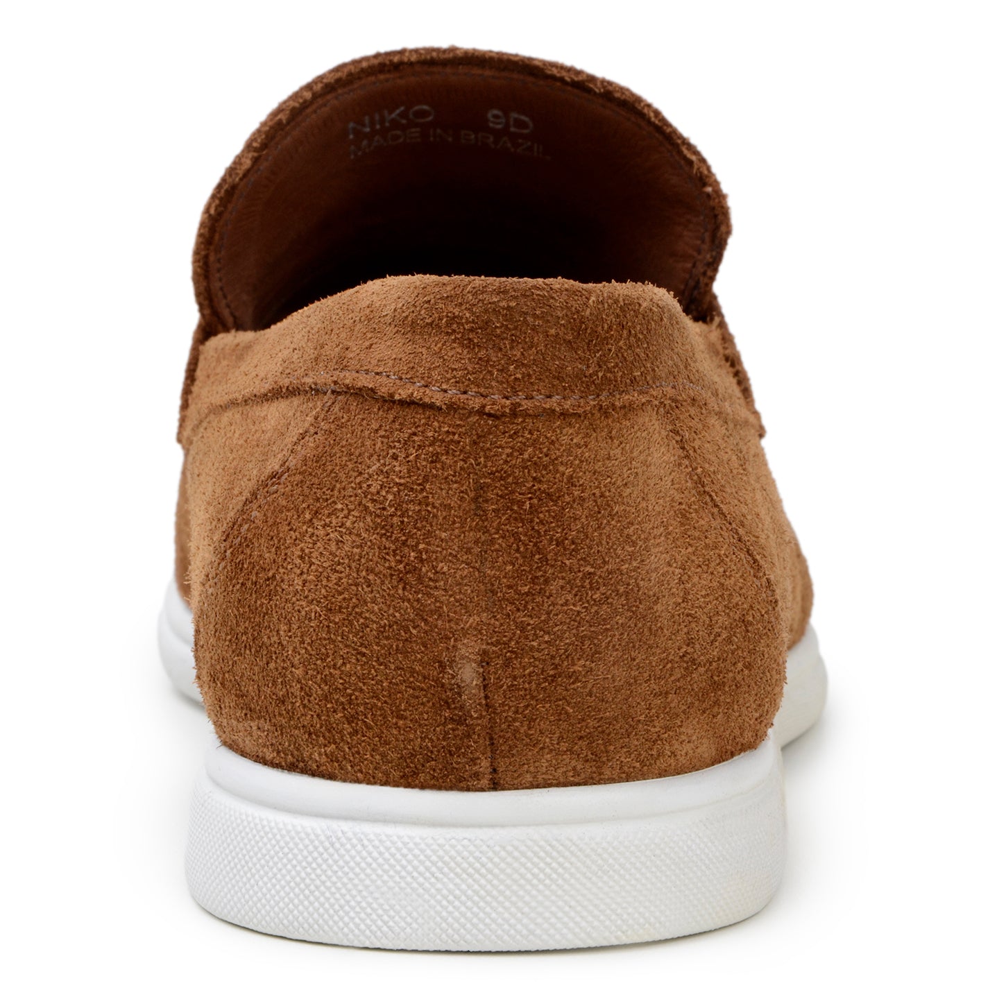 The BELVEDERE Belvedere - Niko Italian Suede Penny Loafer in Bourbon features brown suede, a white rubber sole, stitched side detail, and a low heel. This lightweight dress shoe is displayed on a plain white background.