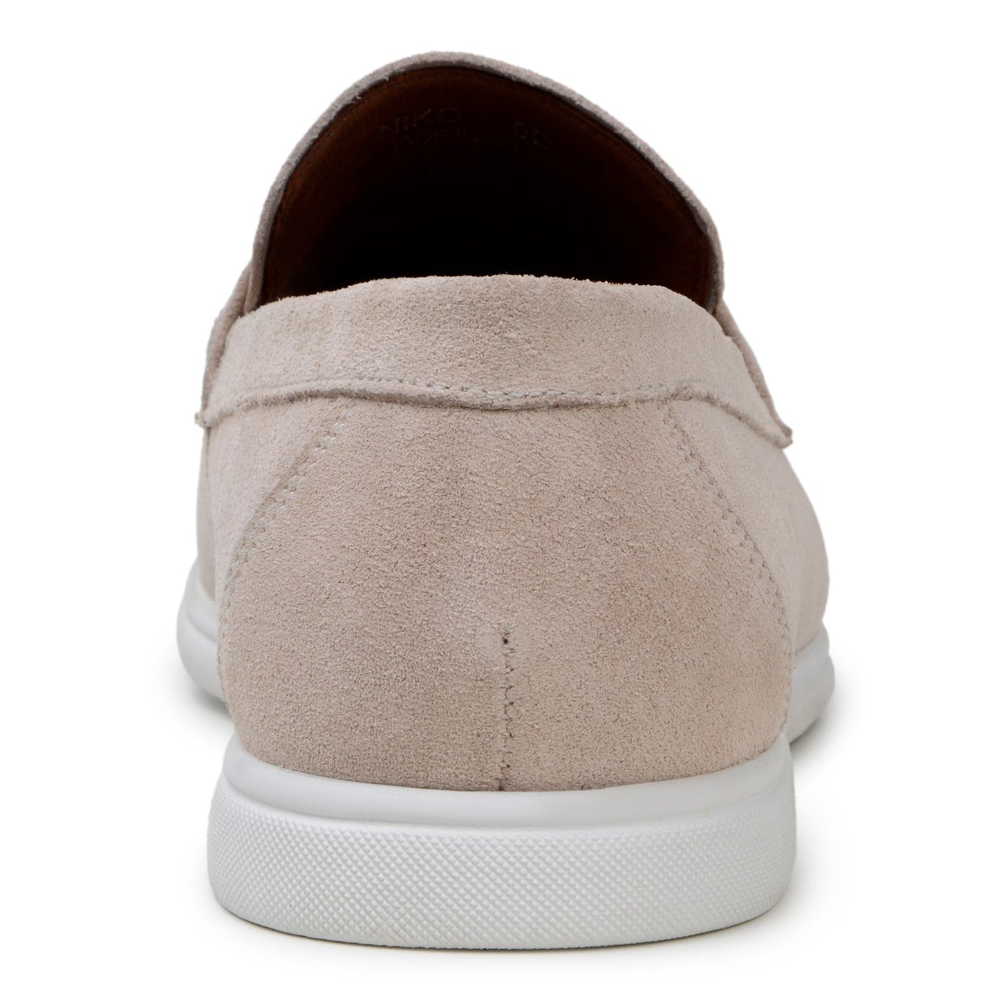 The BELVEDERE Belvedere - Niko Italian suede penny loafer in sand features a white rubber sole, moccasin-style stitching, and low heel—ideal lightweight slip-ons for men's loafer collections. Shown side profile on white background.