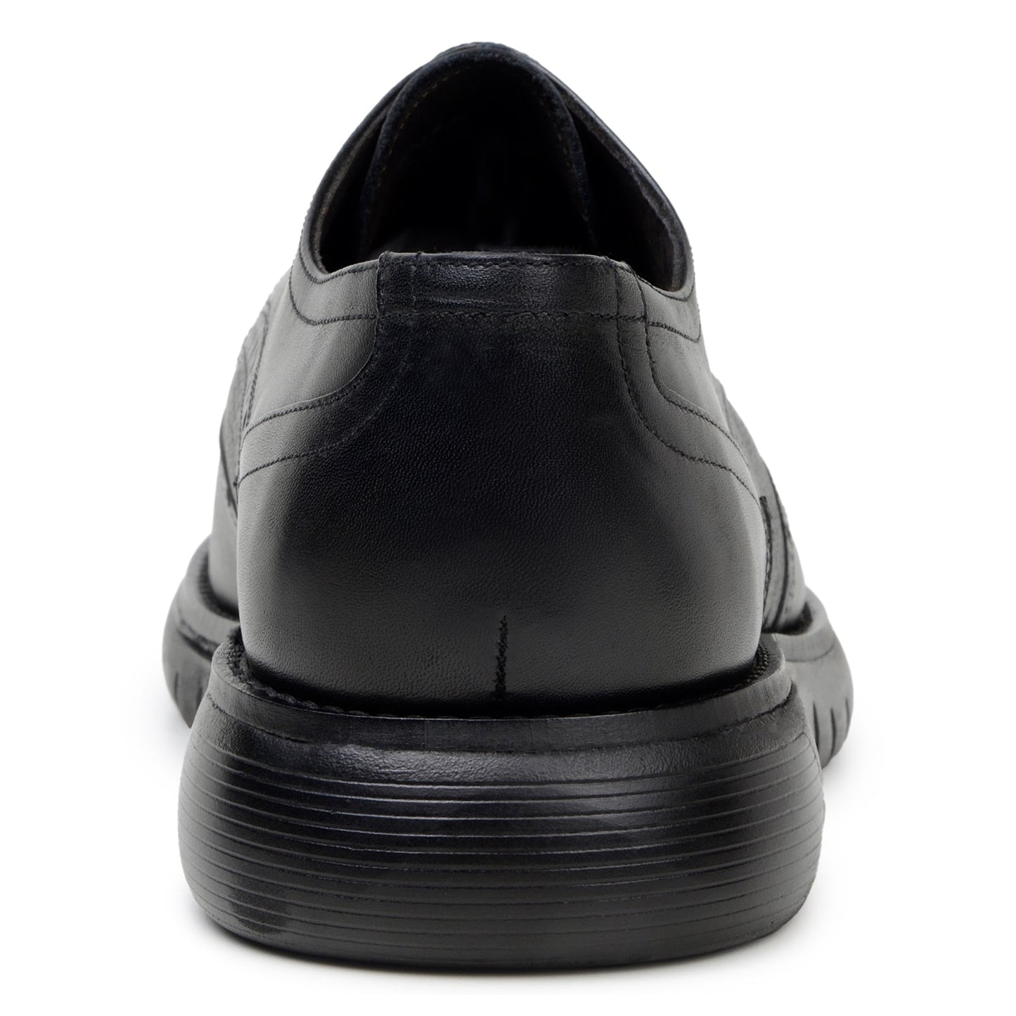 The BELVEDERE Belvedere - Enzo is a black genuine leather shoe with brogue detailing, lace-up closure, a thick textured rubber sole, and a cushioned insole for comfort, displayed in profile against a white background.