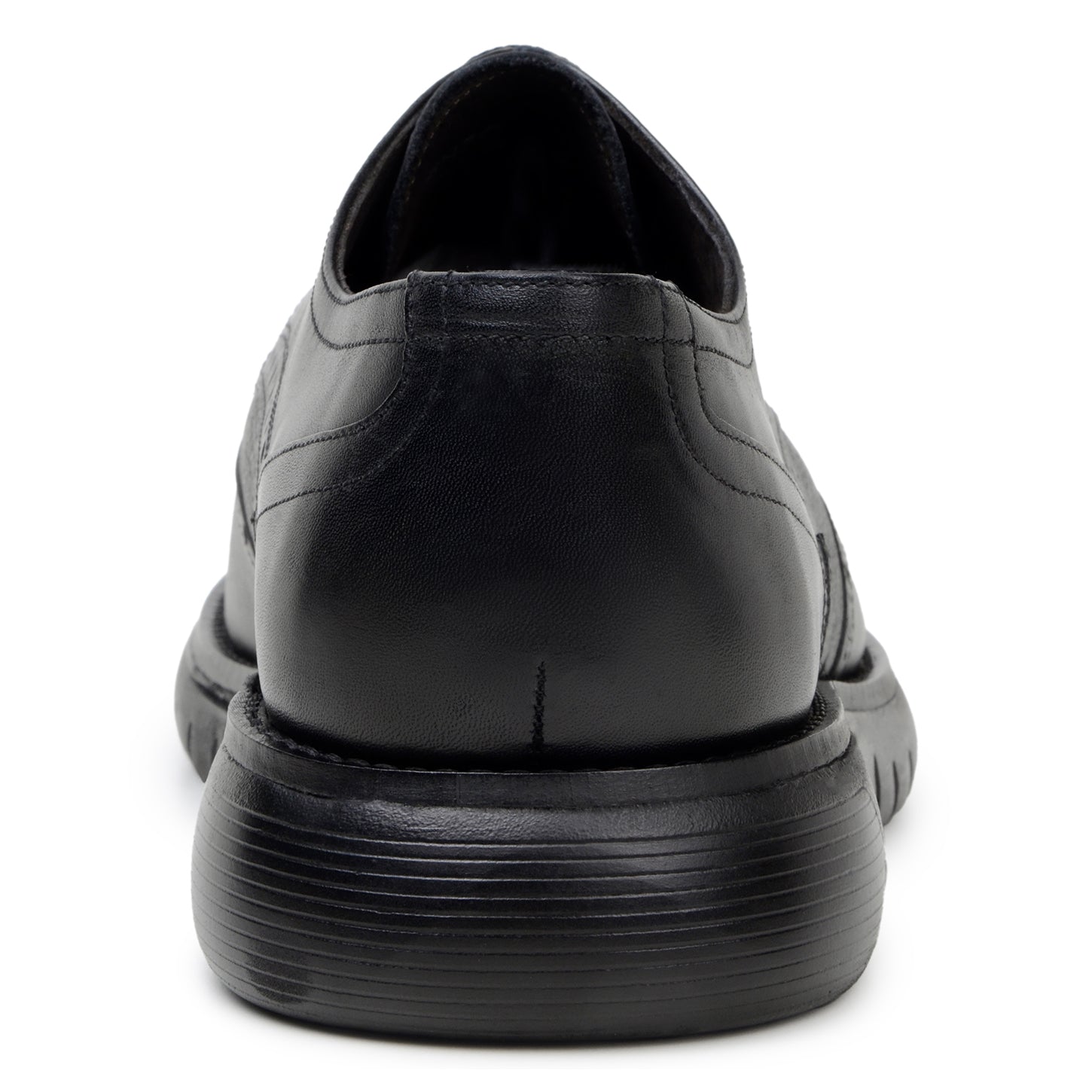 The BELVEDERE Belvedere - Enzo is a black genuine leather shoe with brogue detailing, lace-up closure, a thick textured rubber sole, and a cushioned insole for comfort, displayed in profile against a white background.