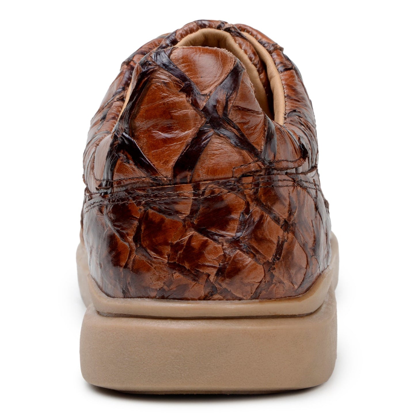 BELVEDERE’s Kingstone Genuine Pirarucu Shoe in Ant. Almond features a textured, scale-inspired upper and light brown rubber sole, shown in side profile view.