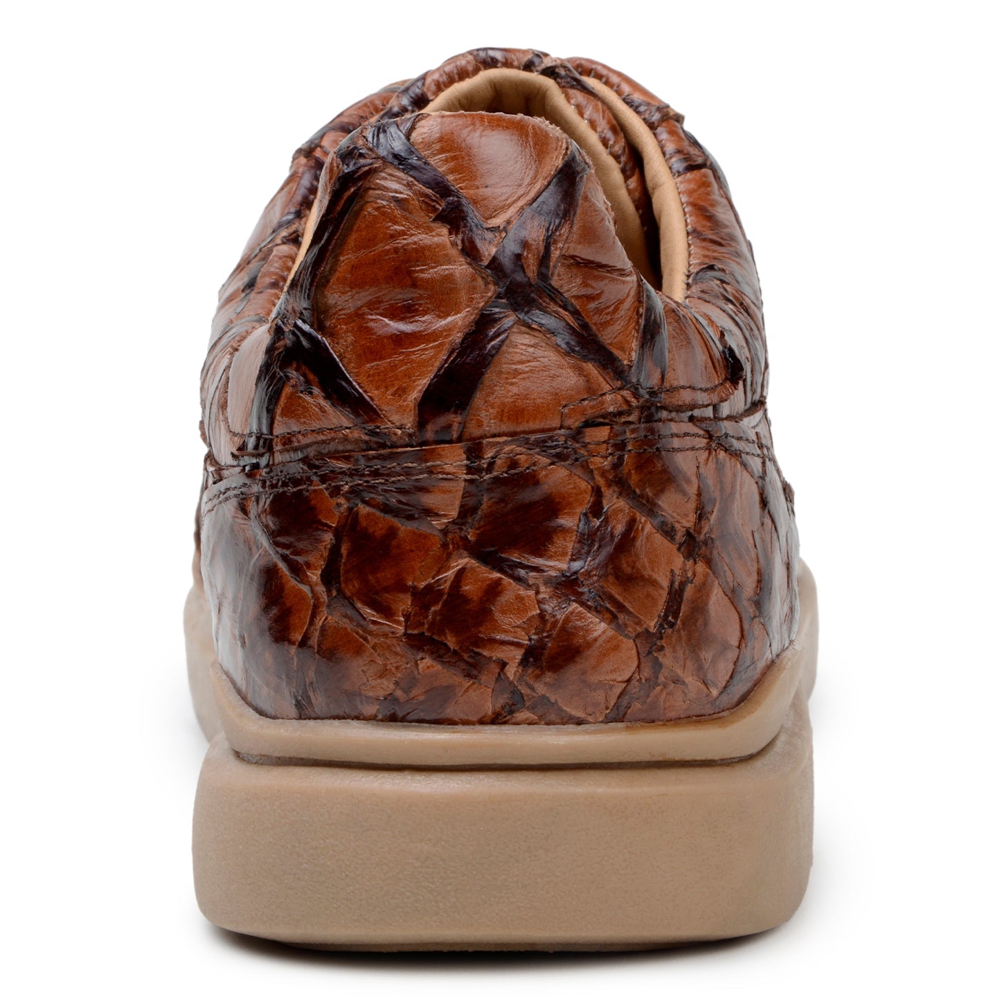 BELVEDERE’s Kingstone Genuine Pirarucu Shoe in Ant. Almond features a textured, scale-inspired upper and light brown rubber sole, shown in side profile view.