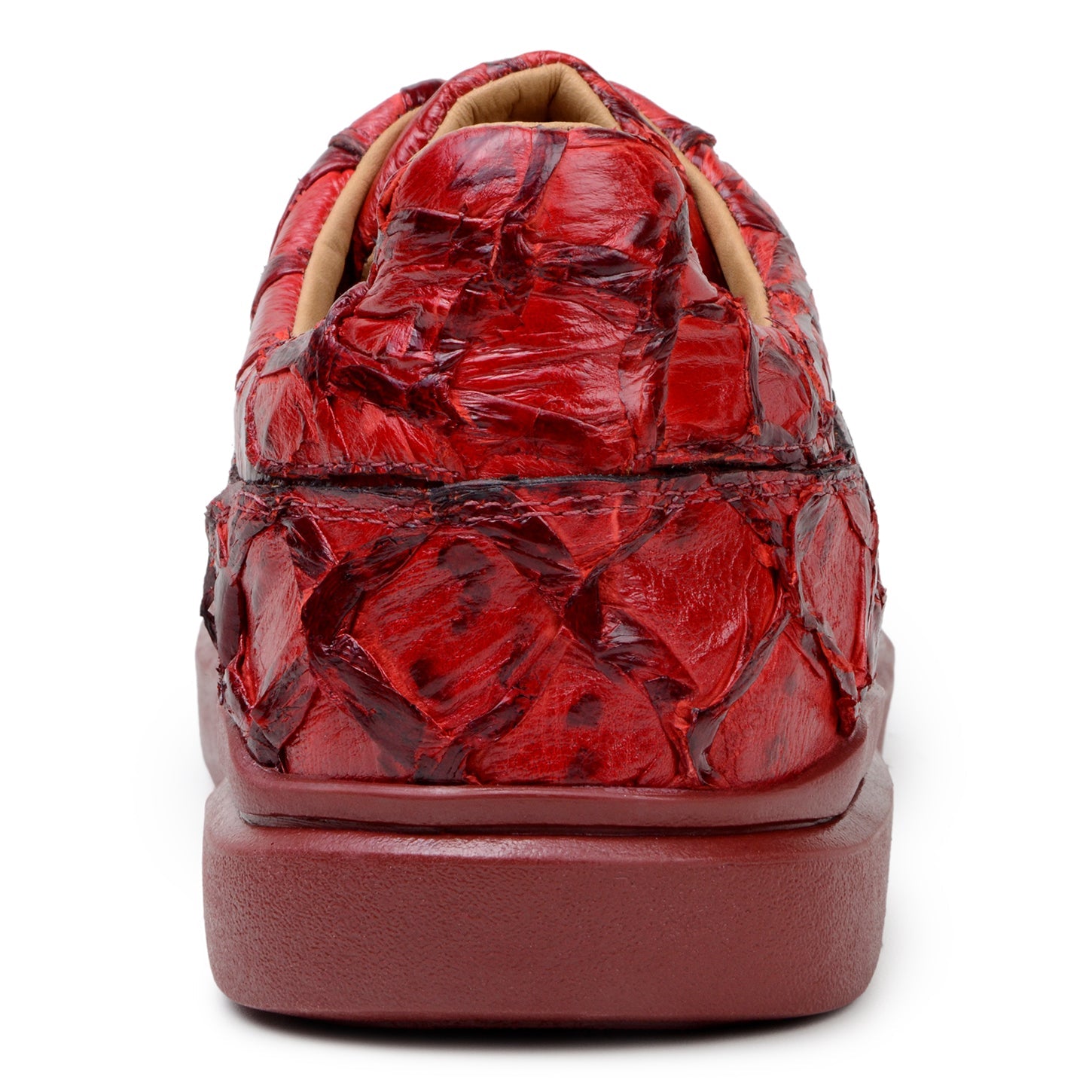 BELVEDERE’s Kingstone Genuine Pirarucu Shoe in red (BR02) features a glossy, textured crocodile-like finish, flat sole, gold eyelets, and lace-up design—shown here in a striking side profile view.