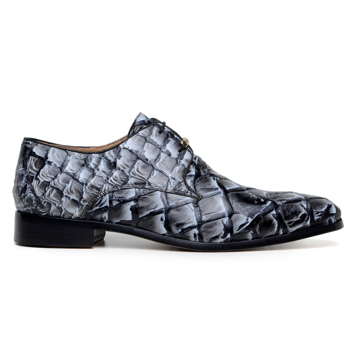 The BELVEDERE Renzo Genuine Pirarucu Shoe in Ivory Black features textured exotic fish leather with a crocodile-like shine and sleek black soles.