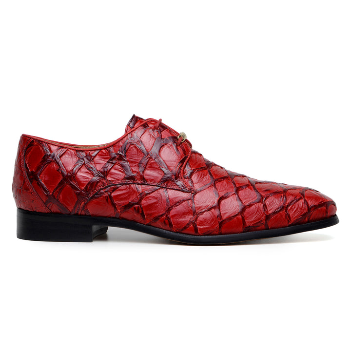 Belvedere Renzo Genuine Red Pirarucu Shoes BR01 feature textured exotic fish leather, lace-up derby style, woven pattern, black soles, and metallic details near the laces. FINAL SALE in store.