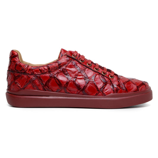 BELVEDERE’s Kingstone Genuine Pirarucu Shoe in red (BR02) features a glossy, textured crocodile-like finish, flat sole, gold eyelets, and lace-up design—shown here in a striking side profile view.