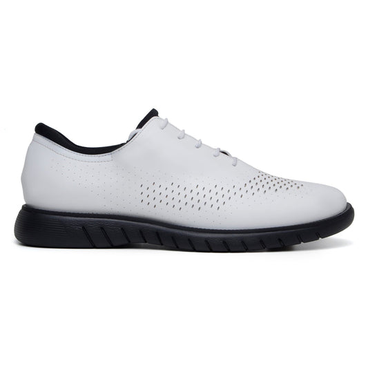 The BELVEDERE Maxim Laser Cut Wingtip Sneaker in white features a black sole and lining, with side and toe perforations inspired by wingtips for a refined, formal look.