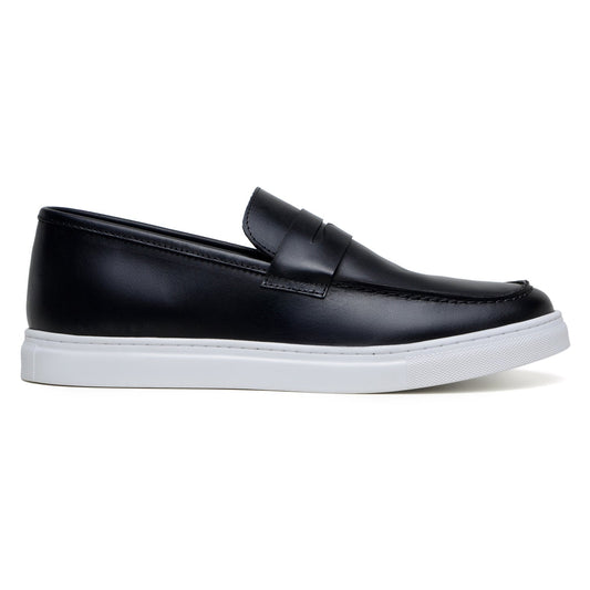 The BELVEDERE Belvedere - Elliot Hybrid Penny Loafer in black nappa leather features white rubber soles, offering a stylish business casual look. Displayed on a white background.