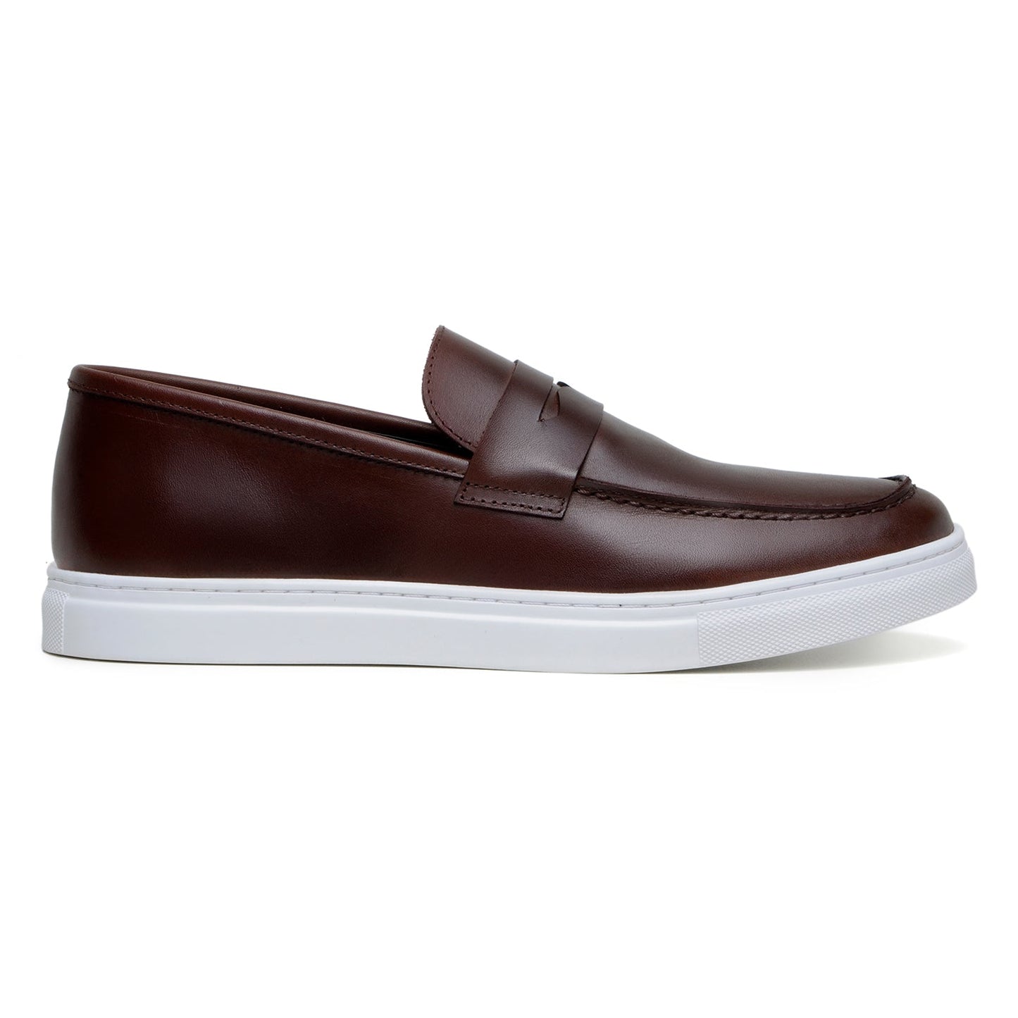 The BELVEDERE Belvedere - Elliot Hybrid Penny Loafer in brown nappa leather features a white rubber sole, displayed in a left side profile view against a plain background.