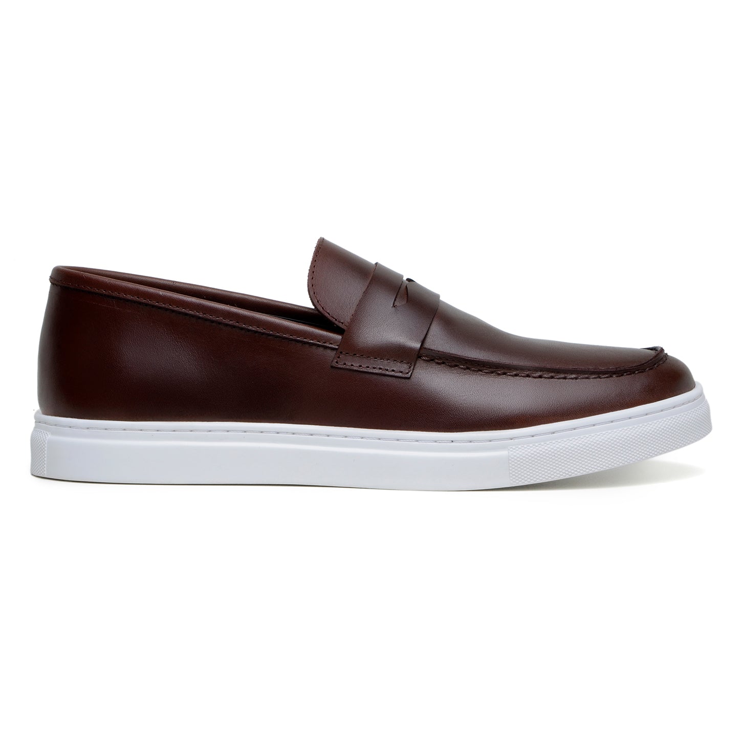 The BELVEDERE Belvedere - Elliot Hybrid Penny Loafer in brown nappa leather features a white rubber sole, displayed in a left side profile view against a plain background.
