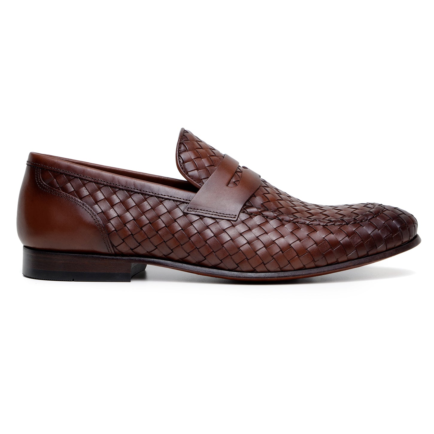 The BELVEDERE Belvedere - Luca Woven Calf Penny Loafer in Antique Tan features Italian woven calf leather, a low heel, and rounded toe, displayed in side profile against a white background.