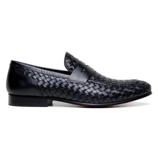 The BELVEDERE Belvedere - Luca Woven Calf Penny Loafer in black, crafted from Italian calf leather with a low heel and round toe, is photographed from the side on a white background.