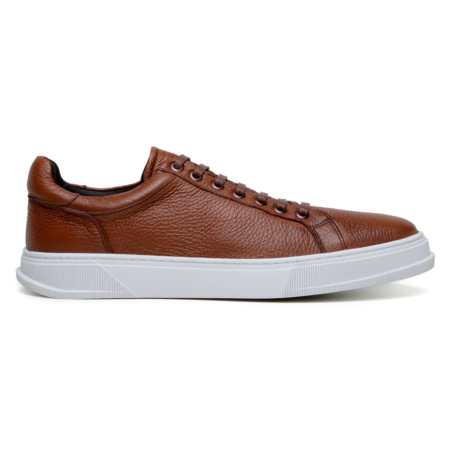 The BELVEDERE Matteo sneaker in Ant. Tan features genuine deerskin leather with a textured finish, cushioned insole, white rubber sole, and brown laces, shown from the side on a plain background.