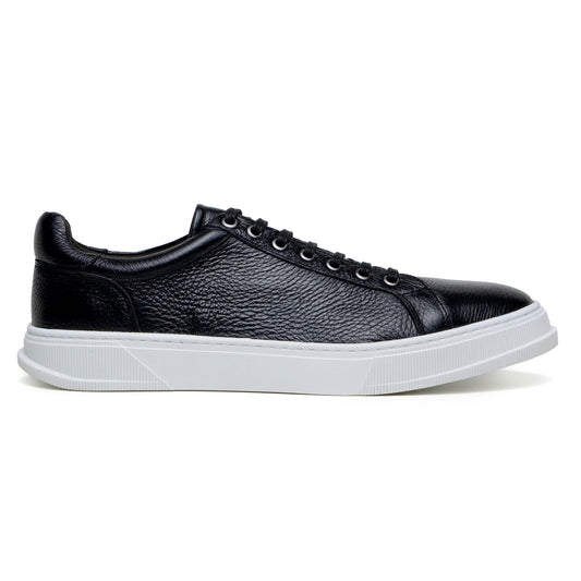 The BELVEDERE Matteo is a genuine black deerskin leather low-top sneaker with black laces, a thick white rubber sole, and cushioned insole, shown in side profile.