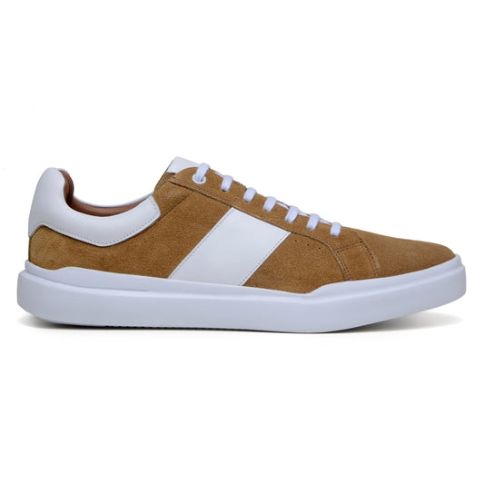 The BELVEDERE Olivier is a tan Italian suede and soft calf sneaker with a white leather stripe, white laces, thick white rubber sole, and cushioned insole, shown in side profile.