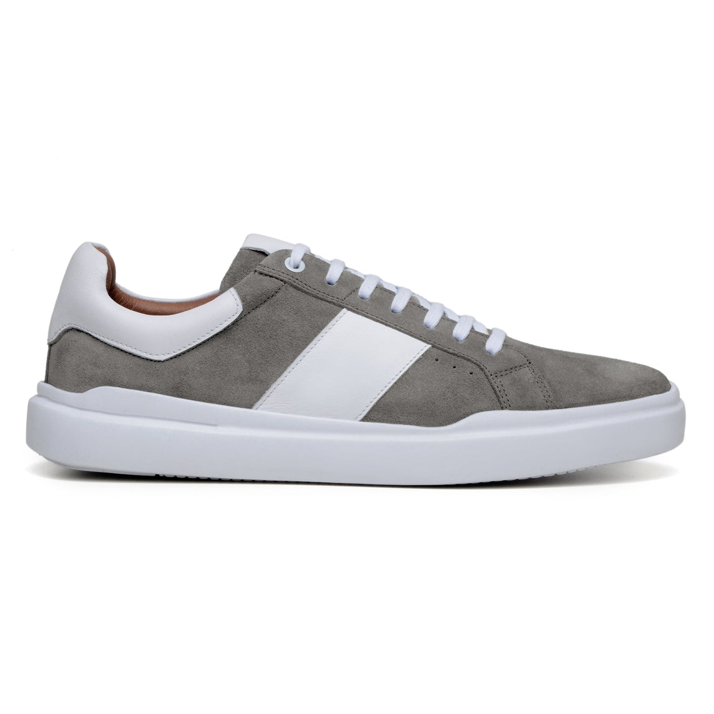 The BELVEDERE Belvedere - Olivier is a gray and white Italian suede/soft calf low-top shoe with a white sole, laces, and side stripe, shown in a side view on a plain background.