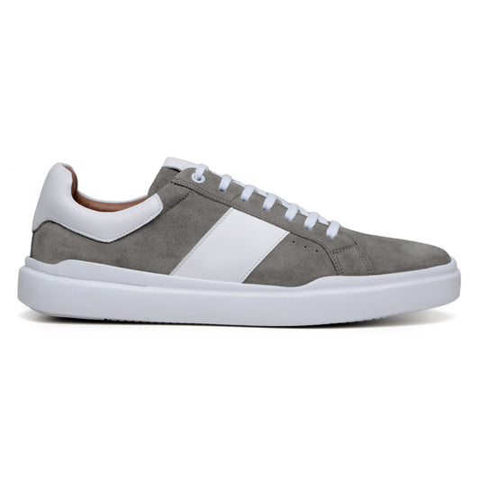 The BELVEDERE Belvedere - Olivier is a gray and white Italian suede/soft calf low-top shoe with a white sole, laces, and side stripe, shown in a side view on a plain background.