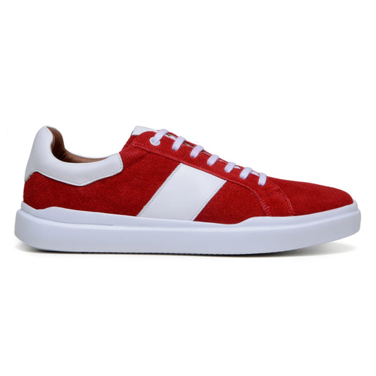 The BELVEDERE Belvedere - Olivier Italian Suede/Soft Calf Shoe in red and white features a cushioned insole, white laces, a white side stripe, and a thick white sole, shown from a side profile view.